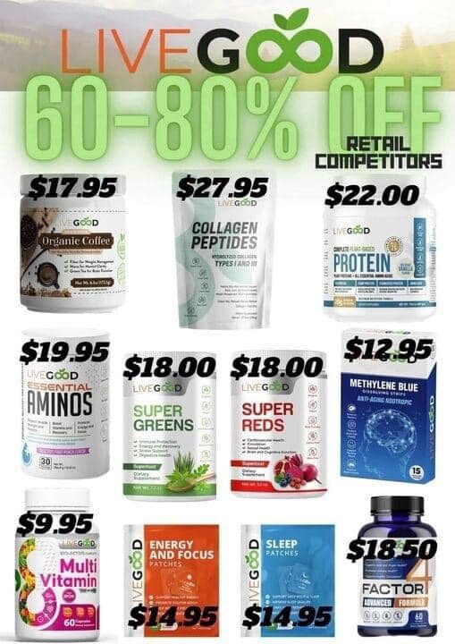 LiveGood Coffee, Collagen, protein powder, green juice powder, and other supplements